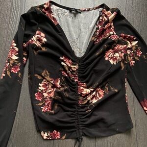 Dynamite Black and Red Floral V-Neck Blouse